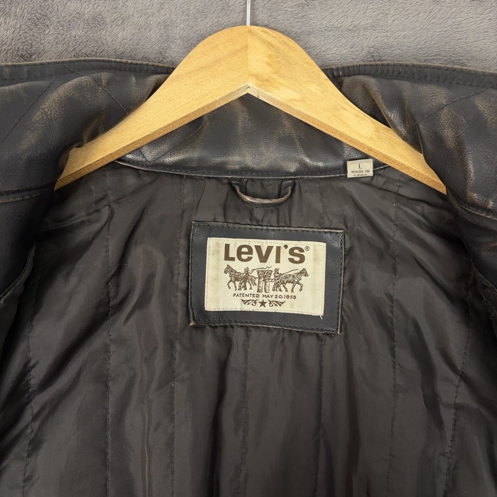 Levis Jacket Mens L Brown Faux Leather Trucker Coat Full Zip Snap Outdoor Work - Picture 8 of 12